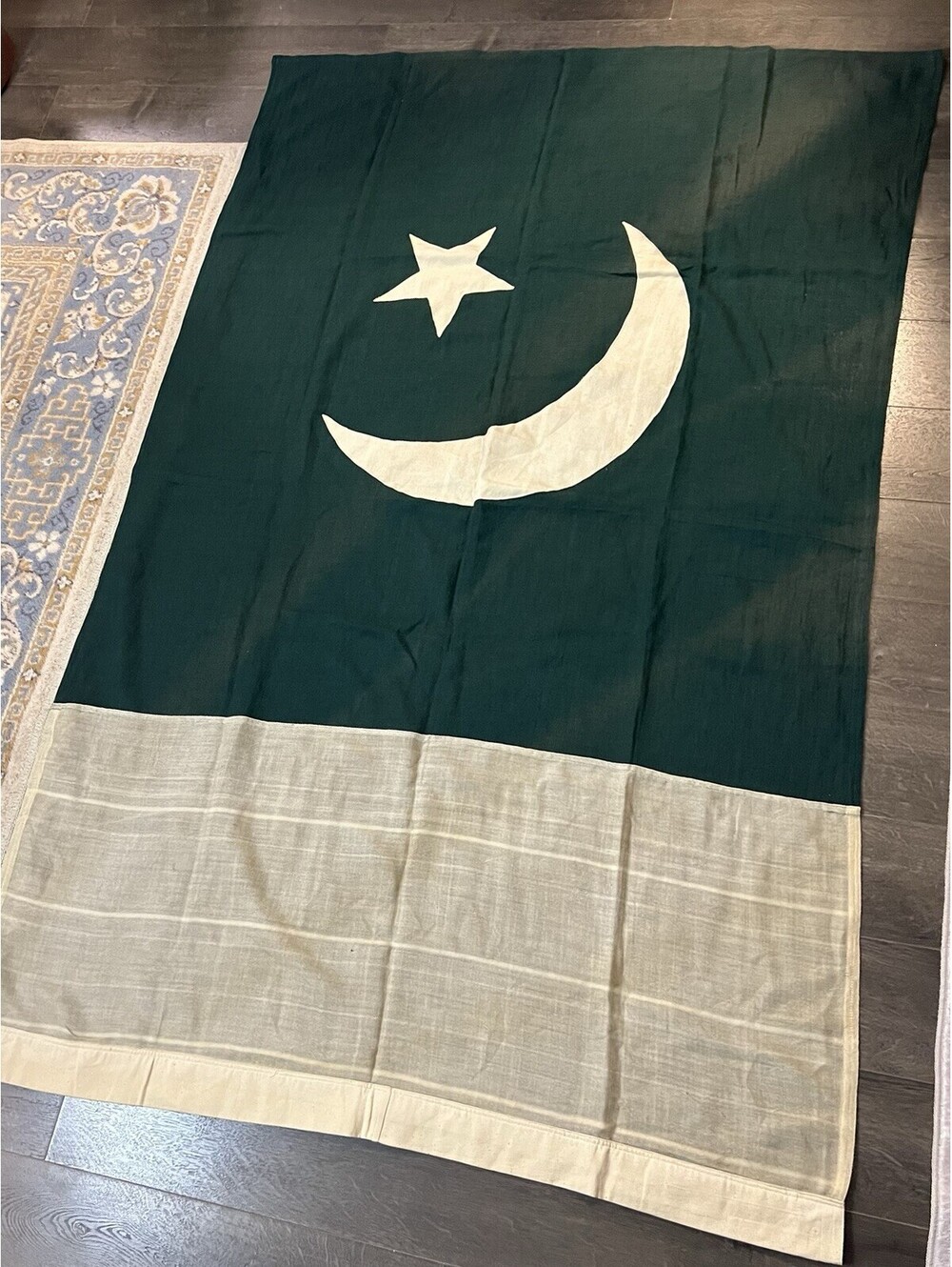 VTG Antique Pakistan Flag Wool Green White Crescent Star Muslim Islamic 73” x46”